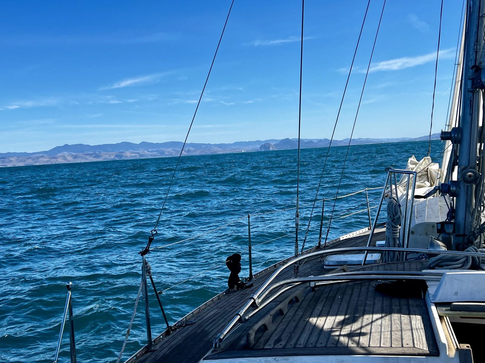 Looking forward down the deck at anchor