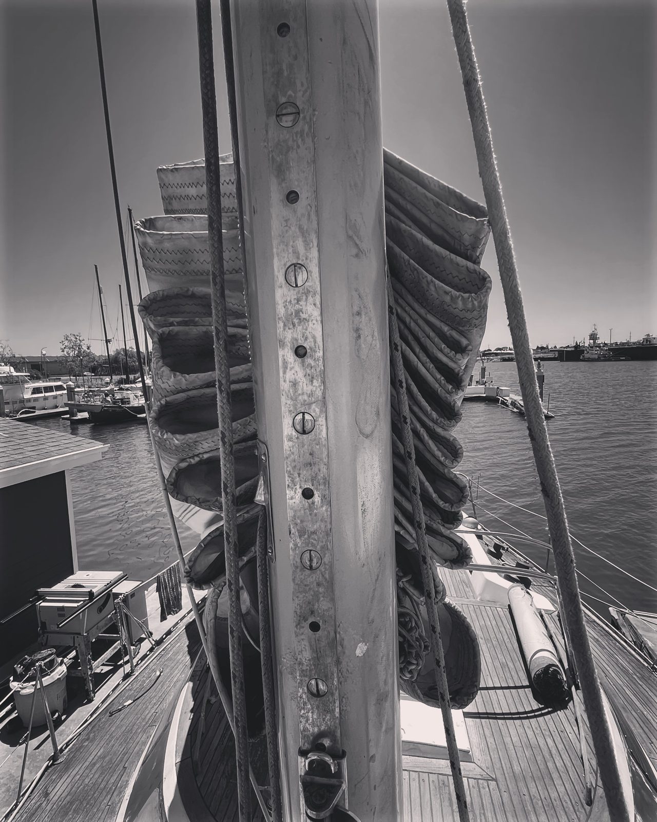 Looking up the mast and rigging, in black and white