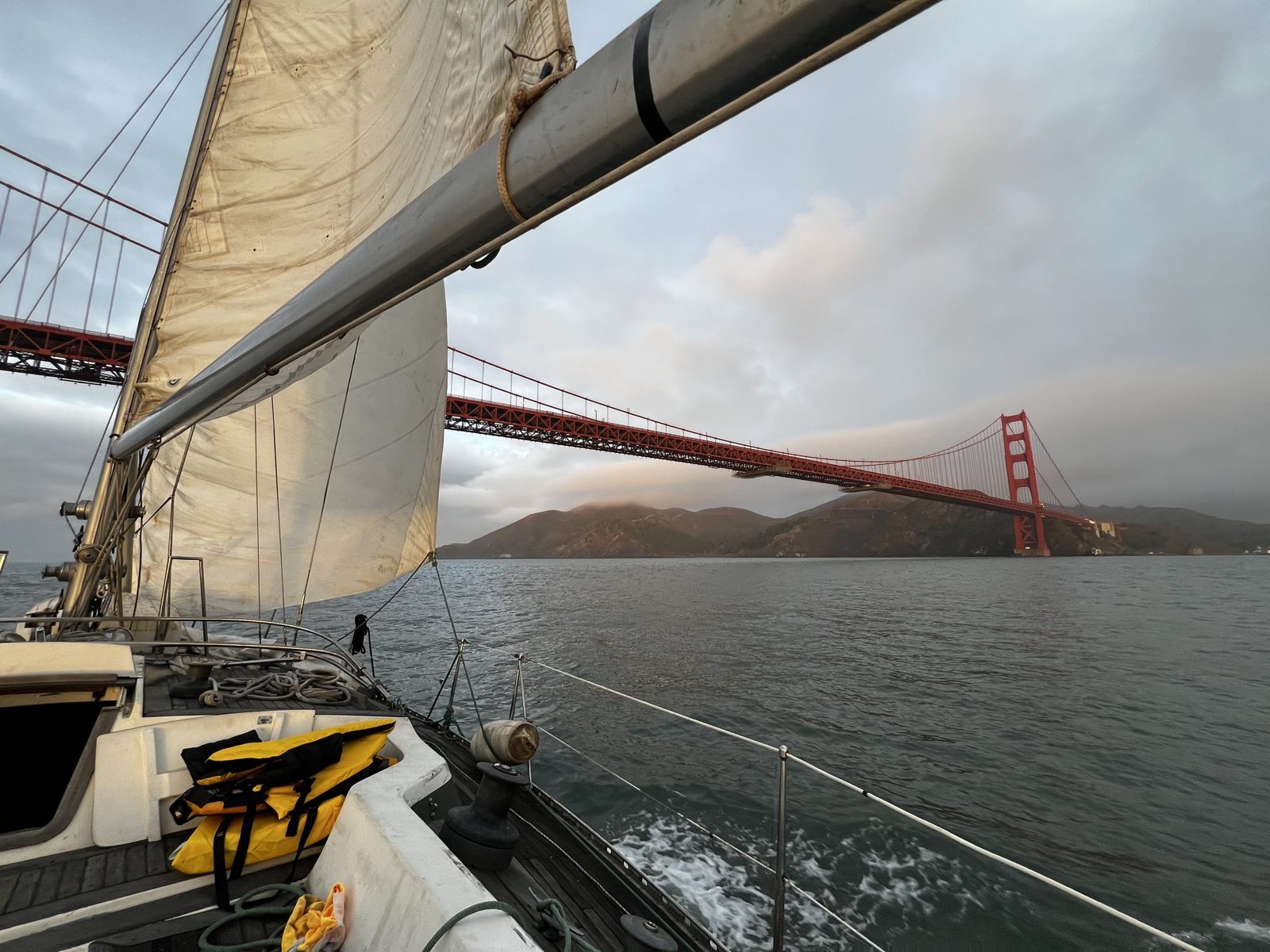 The cockpit and a golden winch, Golden Gate astern