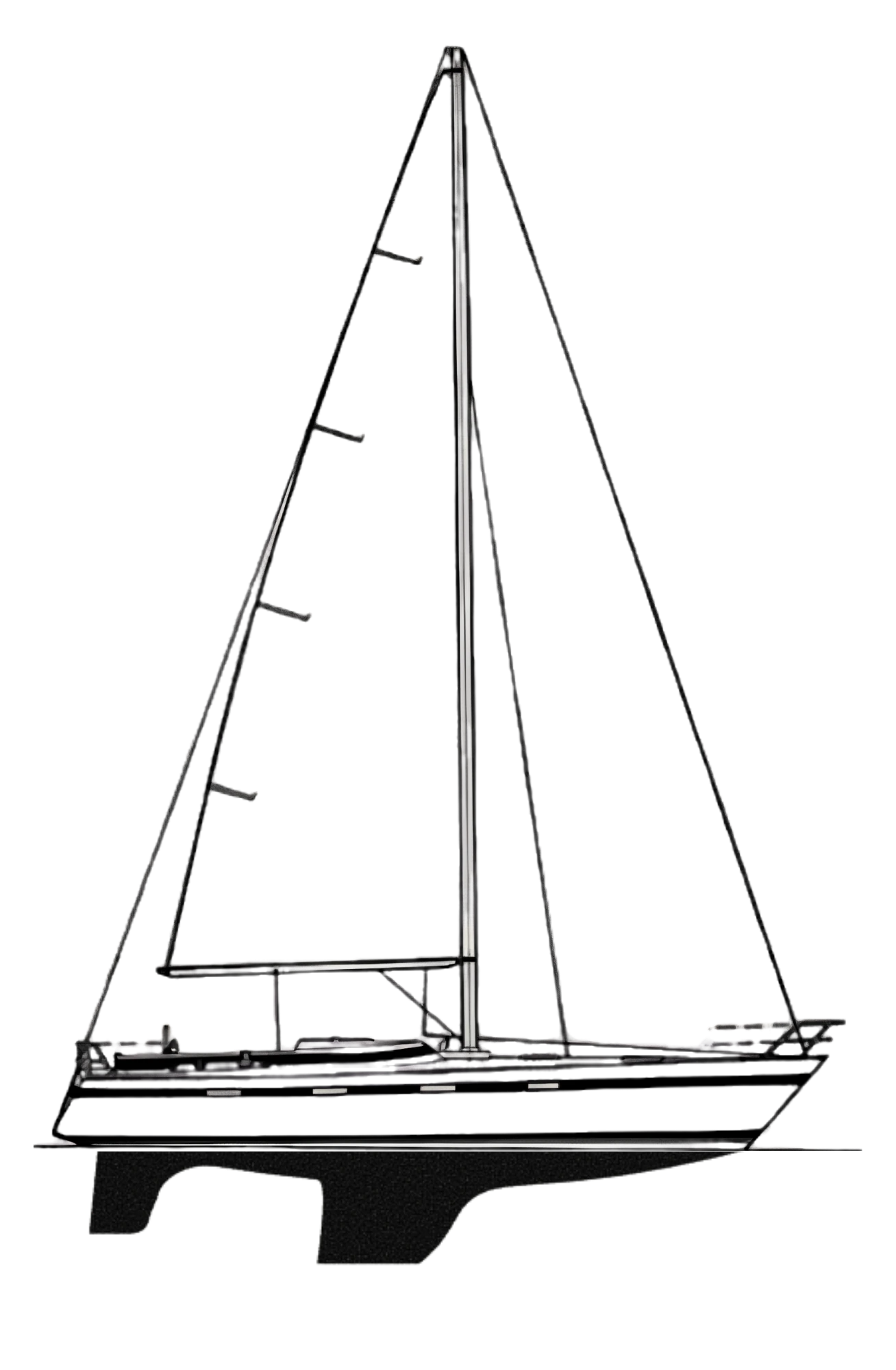 Sail plan line drawing of the Kalik 44 - masthead rig, fin keel, skeg-hung rudder