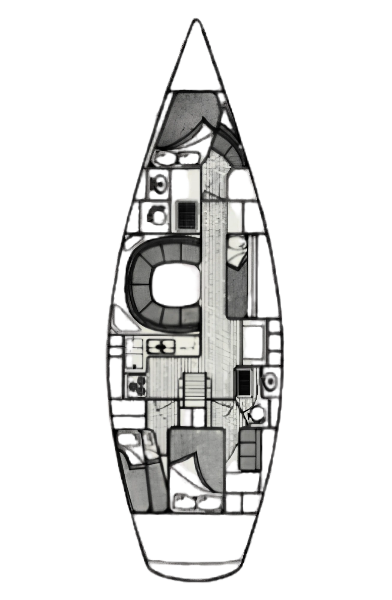 Interior accommodation plan of the Kalik 44 - V-berth forward, U-shaped saloon, galley, nav station, aft cabin